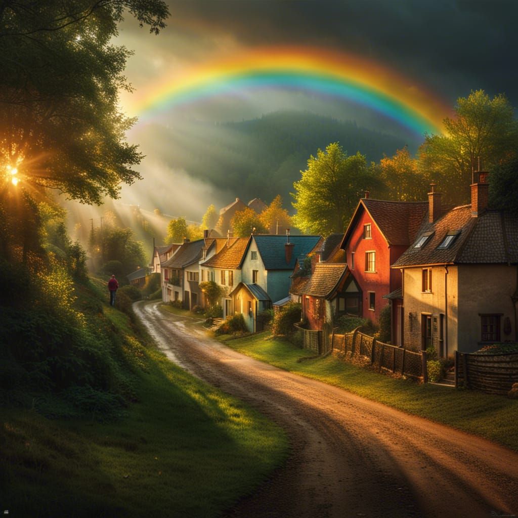 Rainbow Over Quaint Village in Hyperrealistic Photorealism