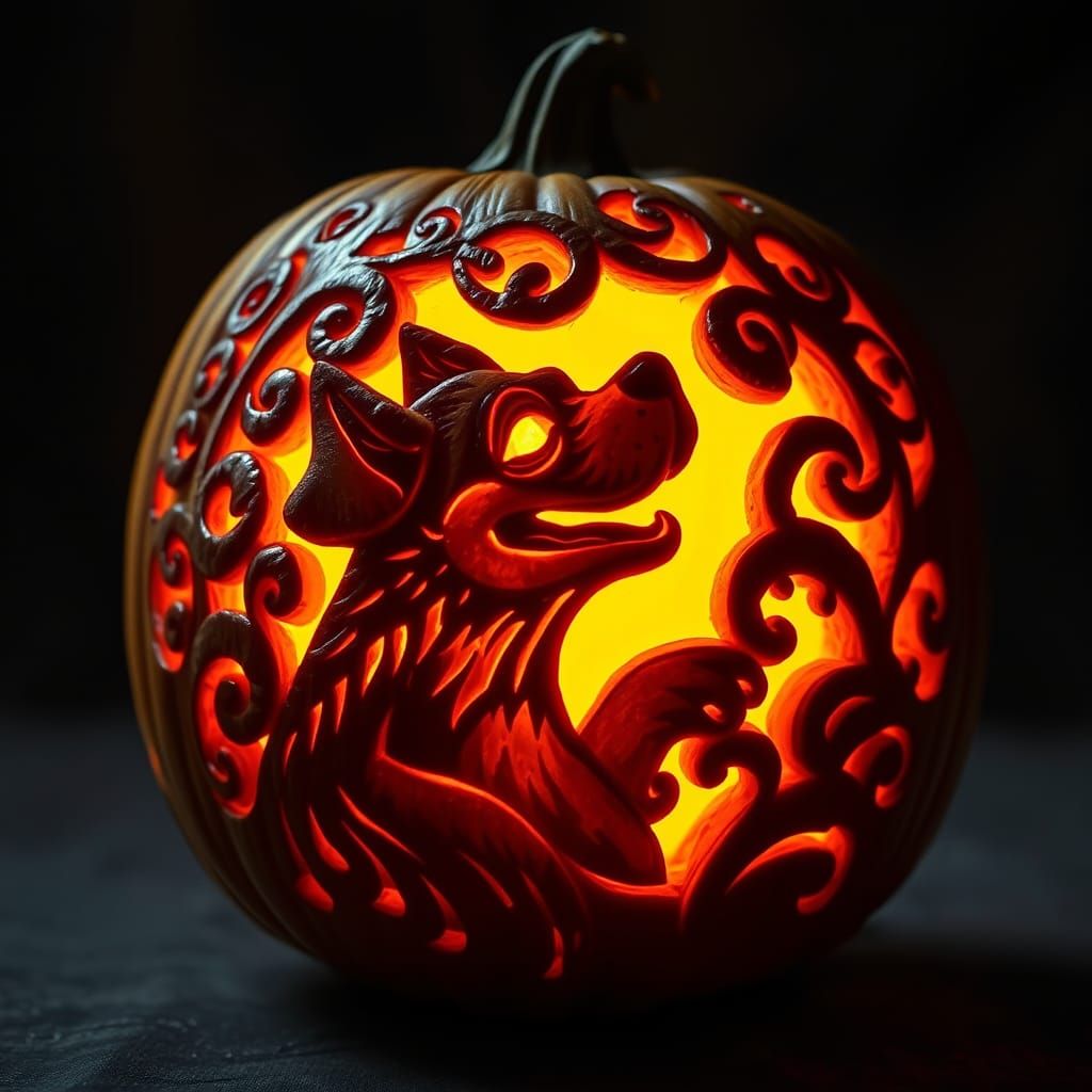 Folk Art Jack-o'-Lantern with Playful Dog Carving