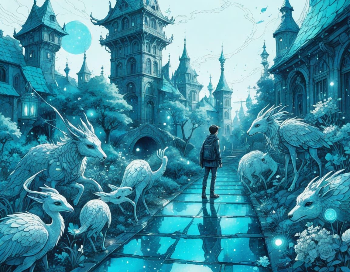 Turquoise Fantasy Animal Adventure in Monochromatic Art