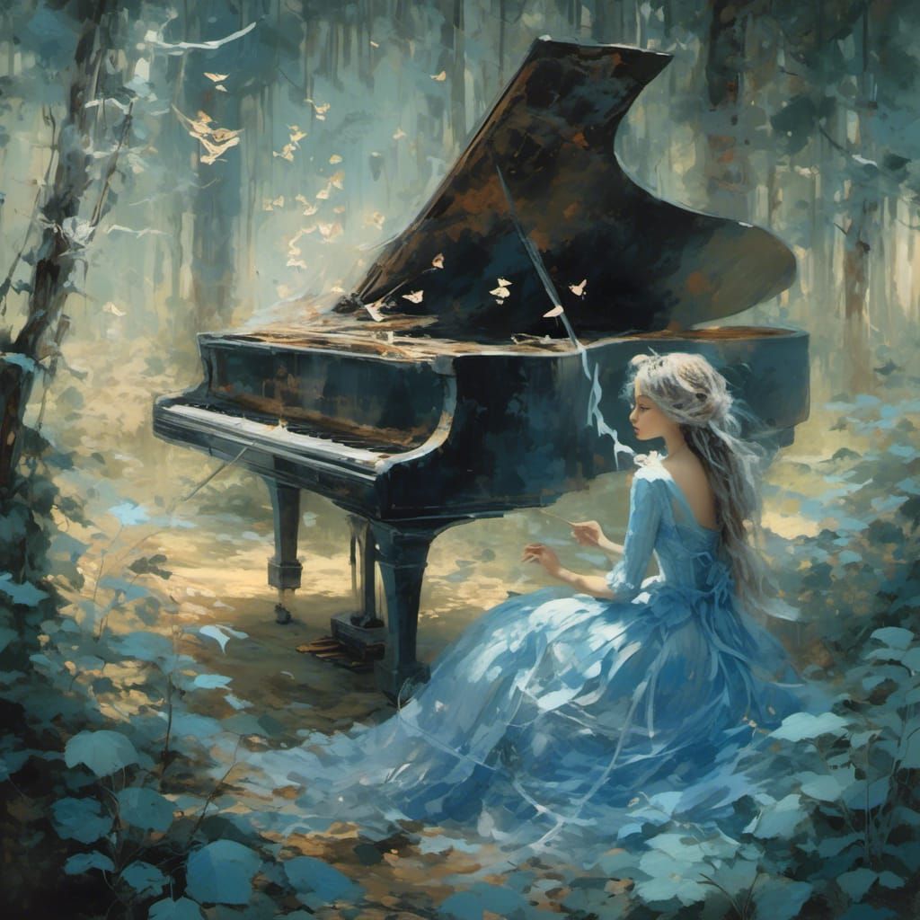 Woman in Musical Dress at Piano, Impressionist Style