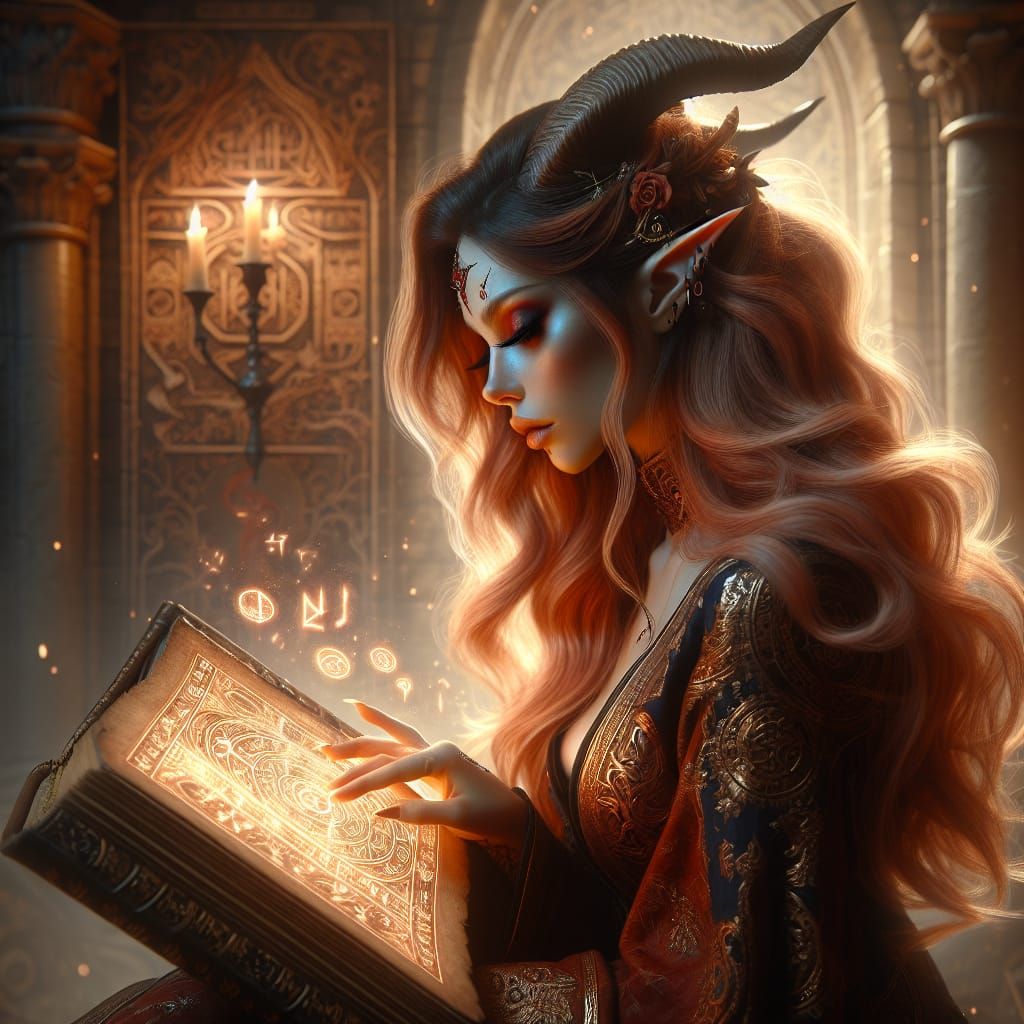 Tazrielle Verdantflame - Tiefling mage reading Sleepwalker, Tome of Illuminated Dreams