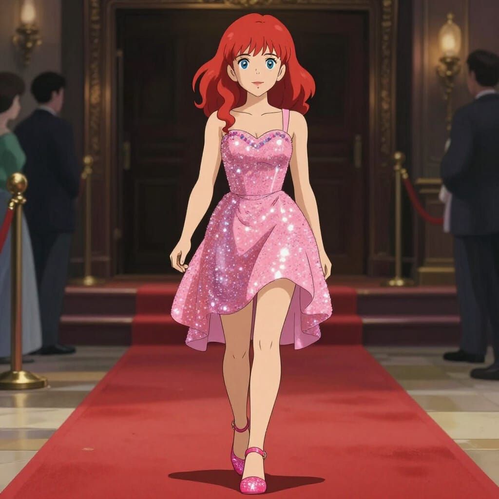Model on Red Carpet in Ghibli Anime Style