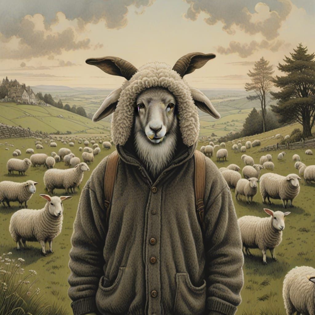 Whimsical Sheep Portrait in Edward Gorey Style