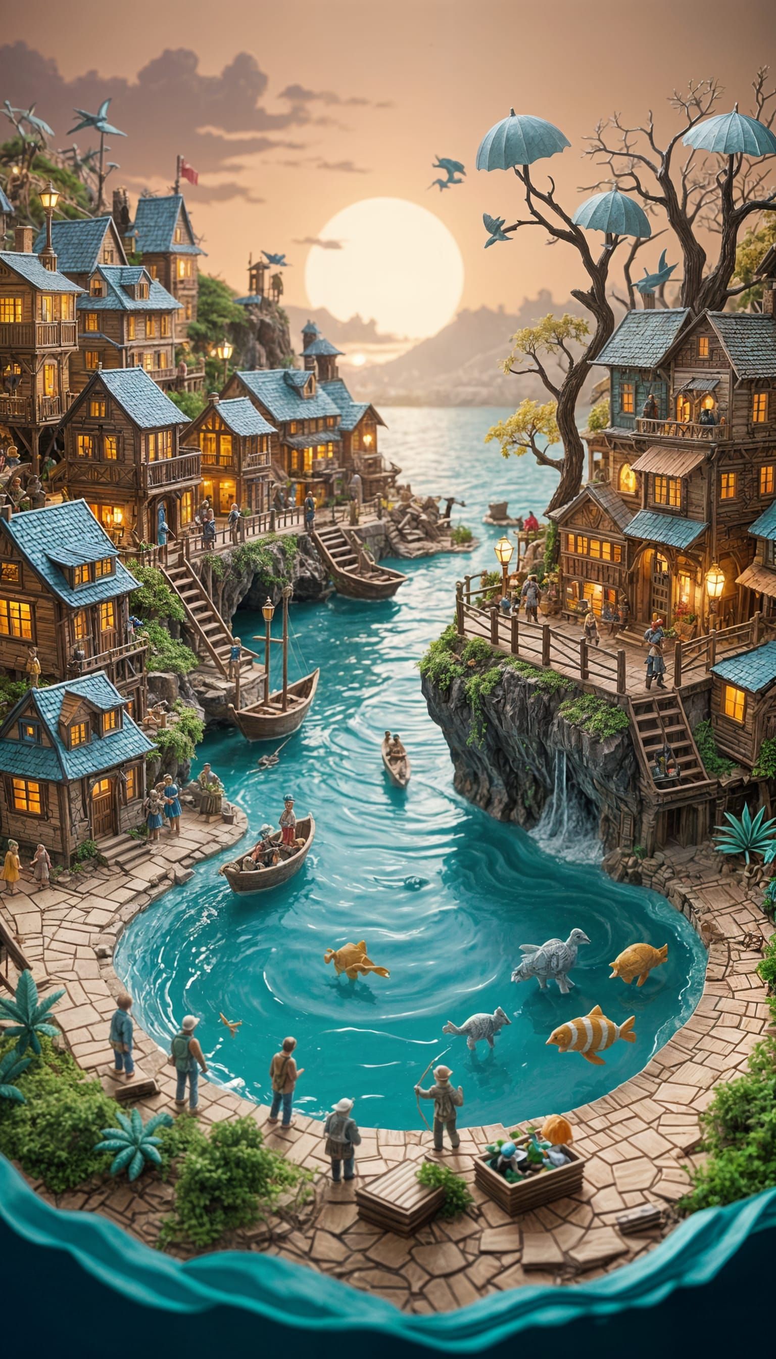 Fantasy Sea Creatures Rebuilding Village in Paper Art Dioram...