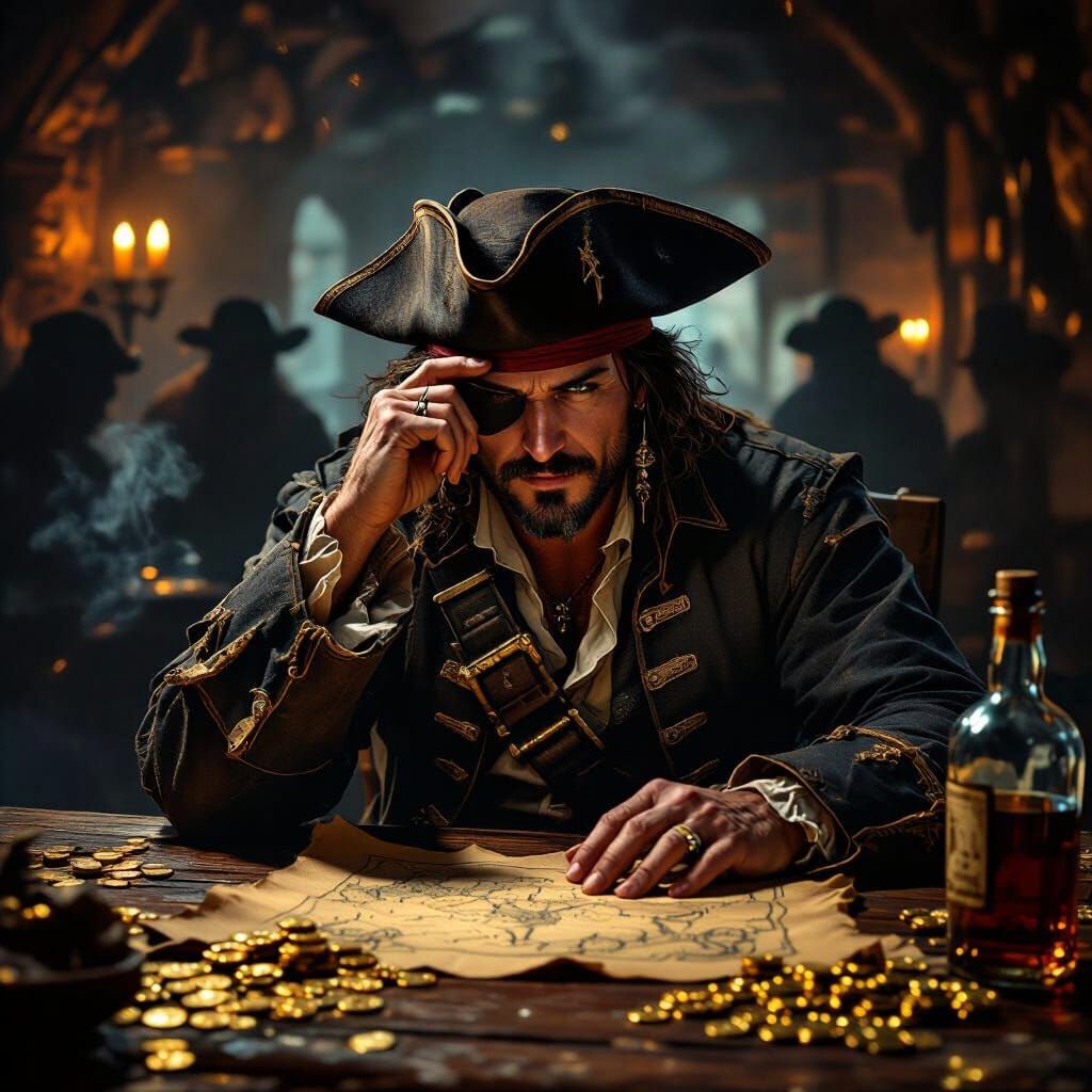 Pirate in Dim Tavern with Gold and Map