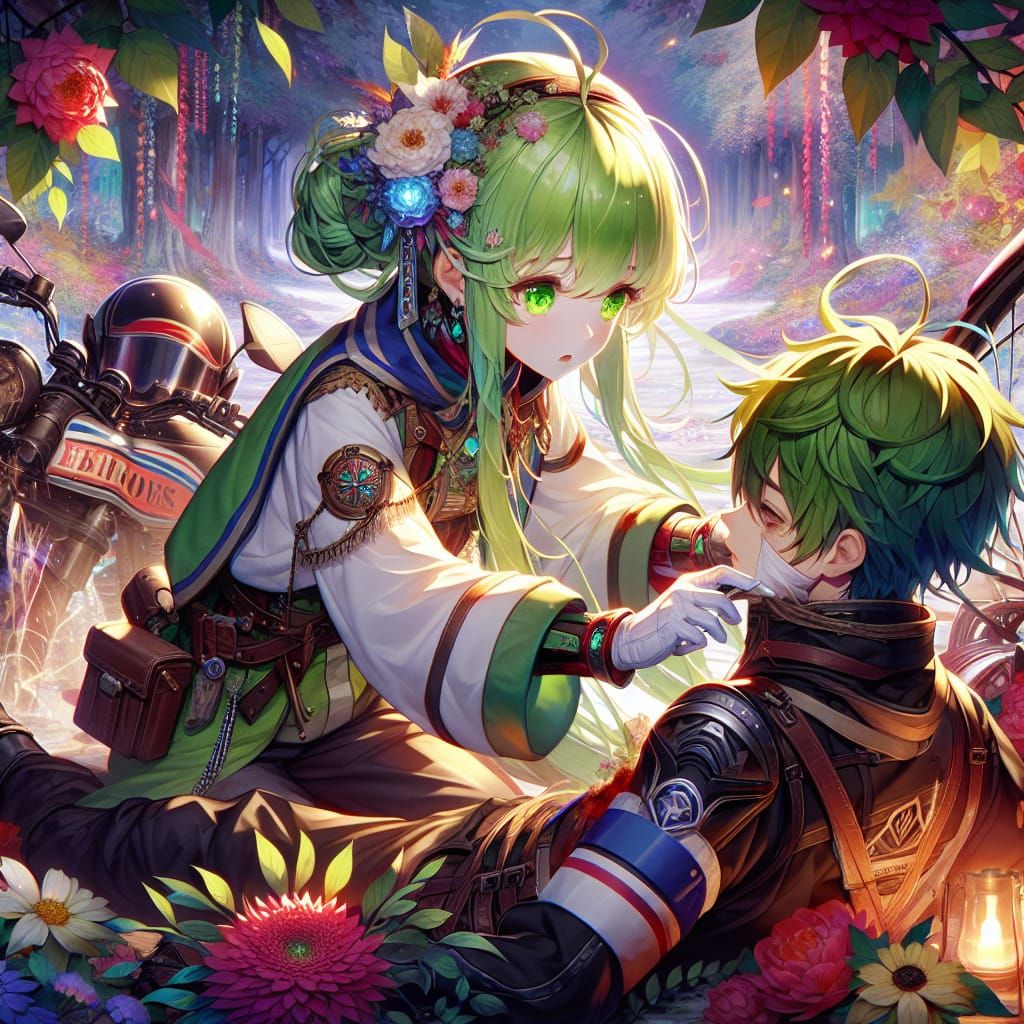 Anime Girl Healing Boy: Vivid Matte Painting