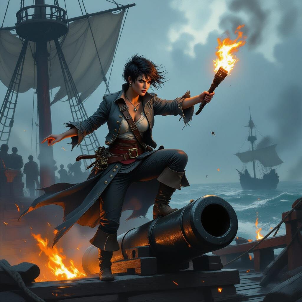 Pirate Woman with Flaming Torch in Digital Oil Painting