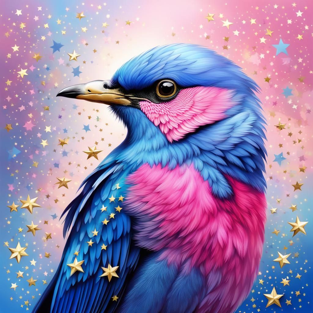 Gorgeous Blue and Pink Bird with Gold Stars