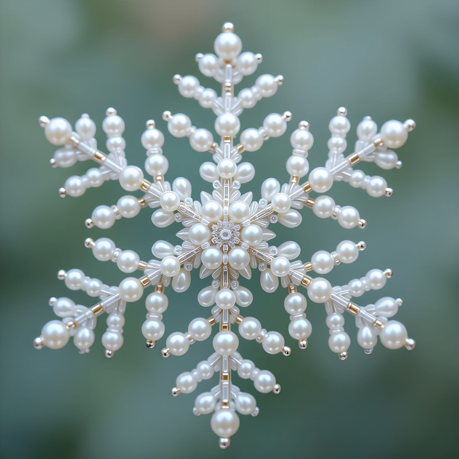 Detailed Pearly Seed Bead Snowflake Macro Shot