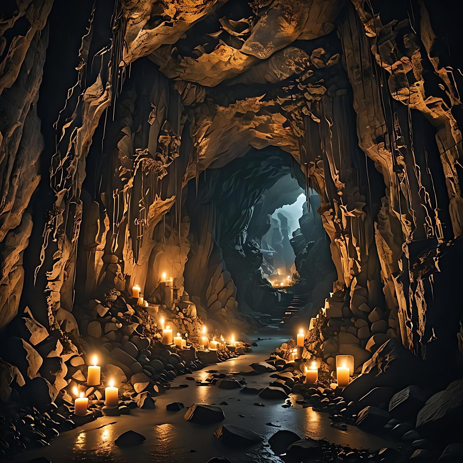 Candle Lit Cave Entrance with Volumetric Lighting