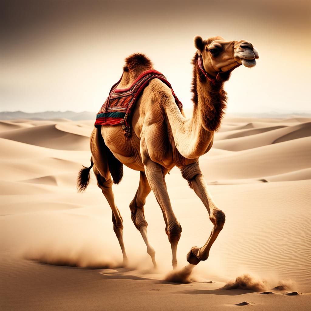 Camel Running on Sand Dunes in Hyperrealistic Style