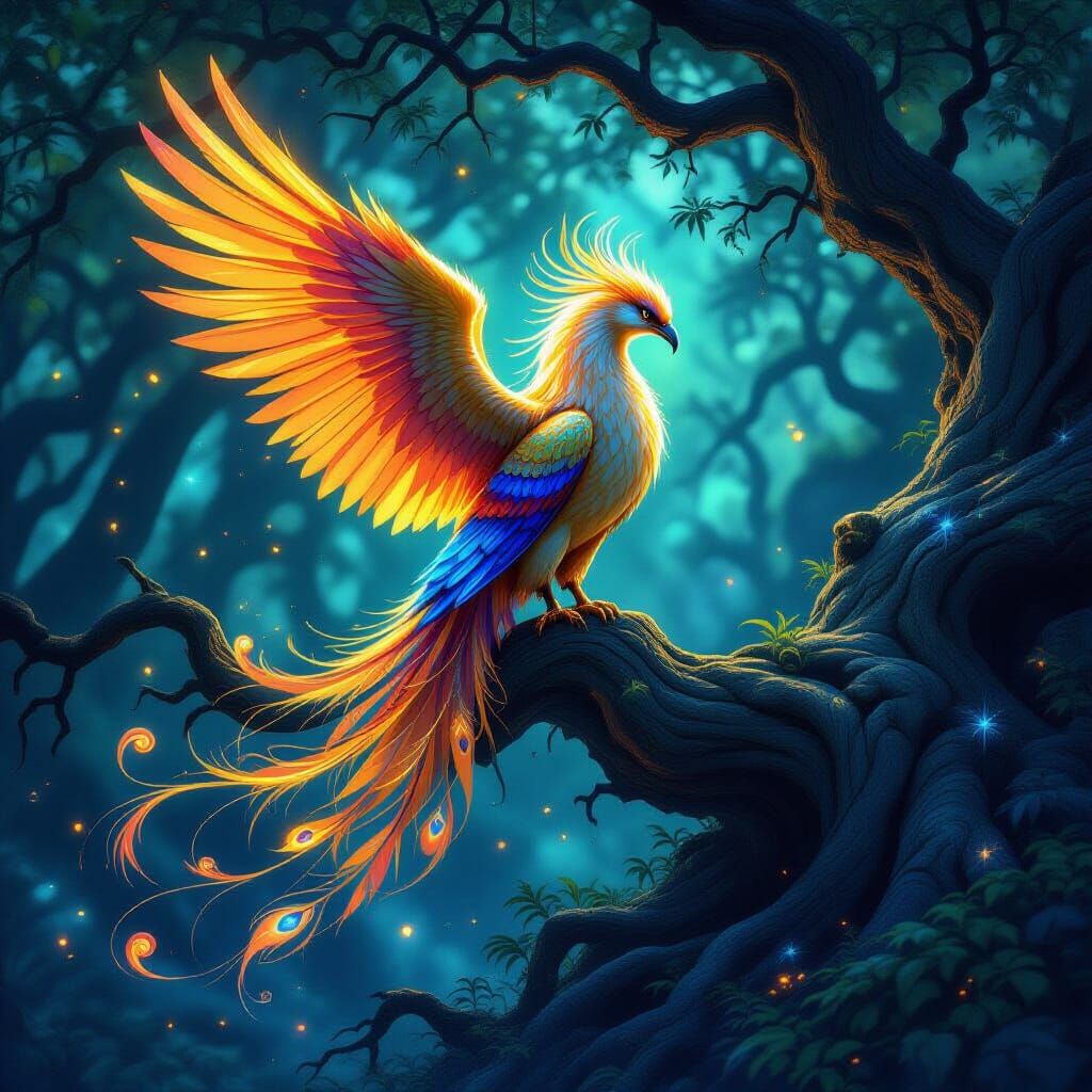 Majestic Phoenix in Bioluminescent Forest