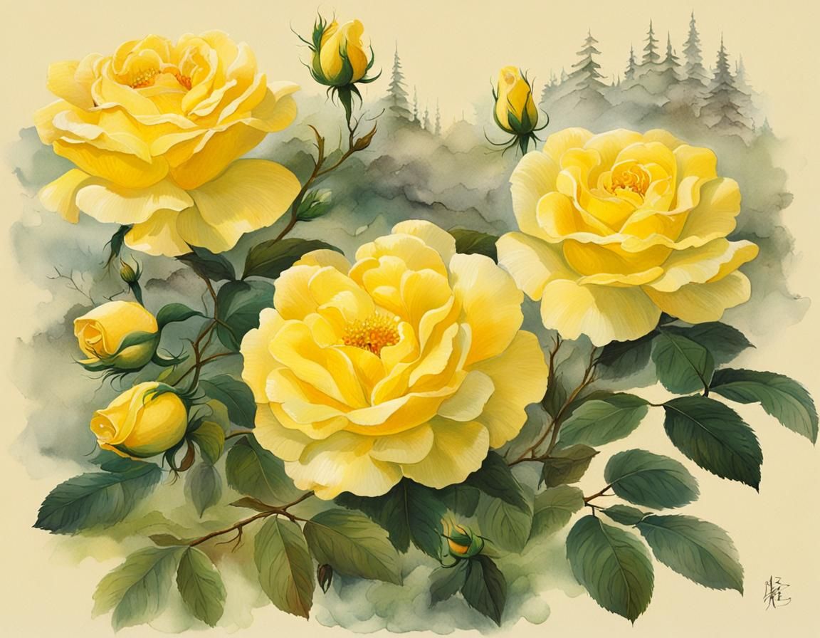 Yellow Mountain Roses Fall Near Rapids