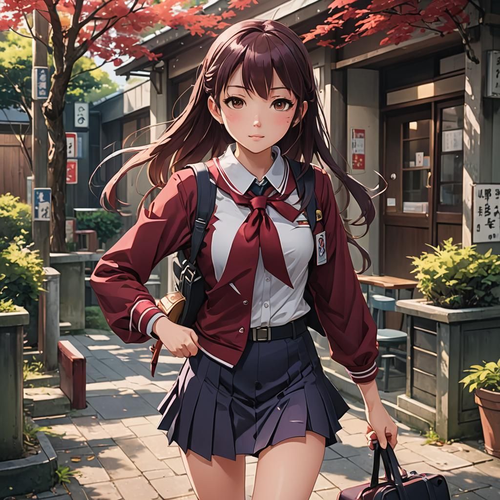 Anime High School Girl in Wine-Red Uniform