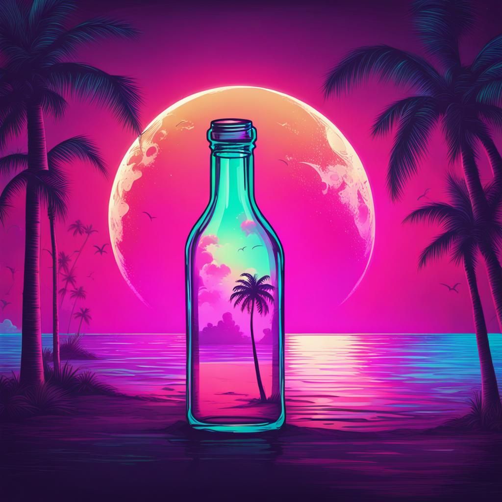 Synthwave Message in a Bottle on Neon Beach