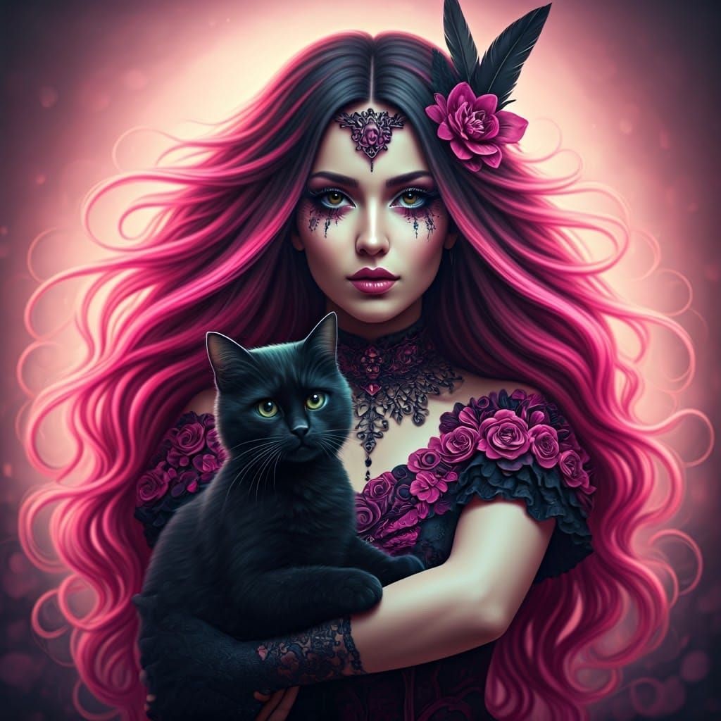 Dreamy Woman with Cat in Fairytale Style