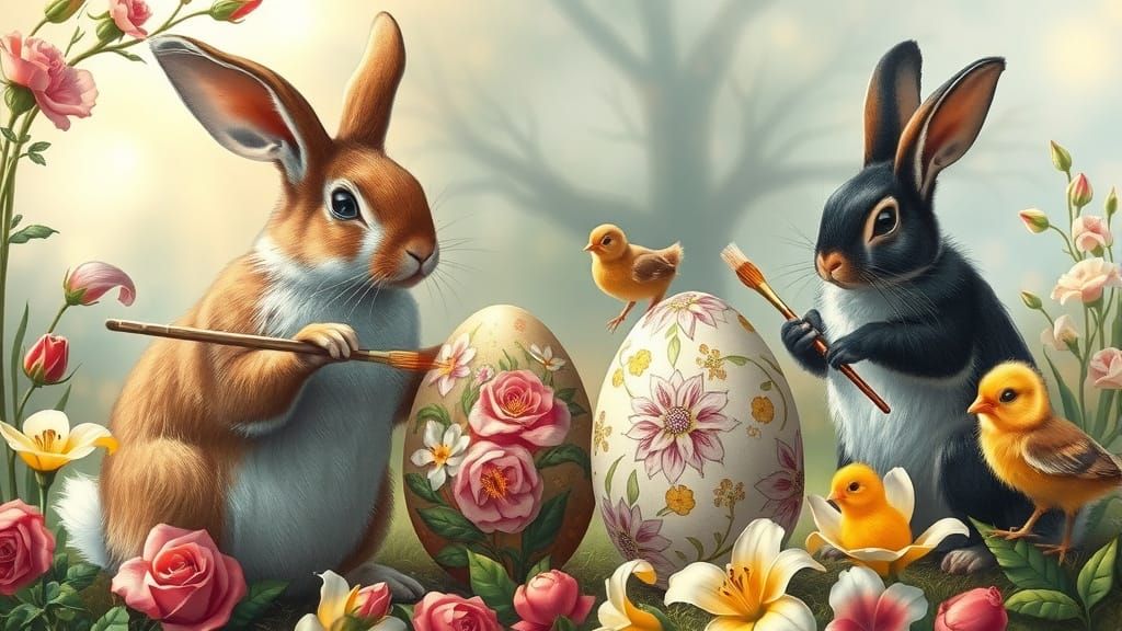 Rabbits and Chicks Decorating Easter Eggs