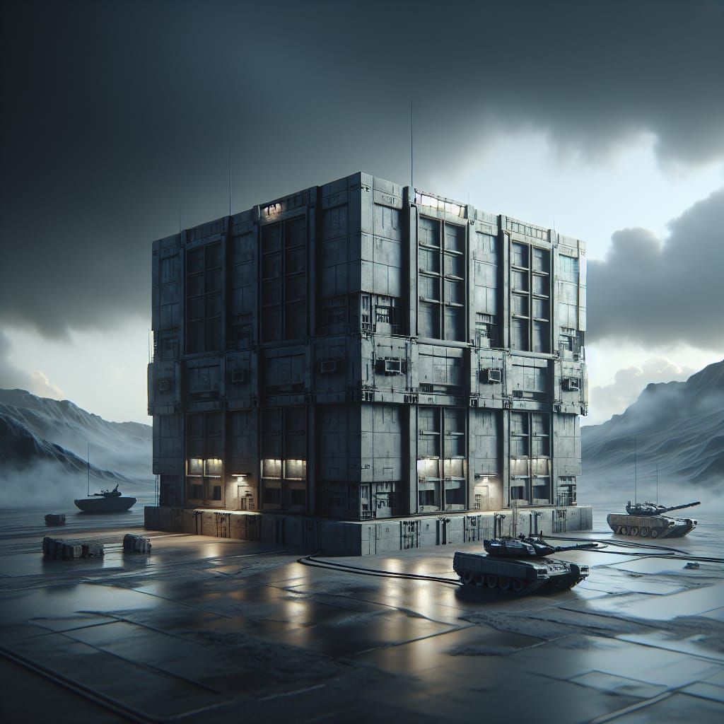 Dystopian Concrete Stronghold Under Cloudy Skies in Cinemati...