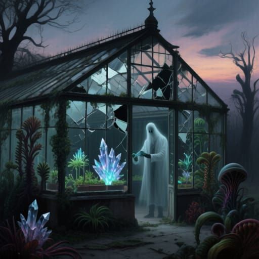 Abandoned Victorian Greenhouse with Alien Flora at Twilight