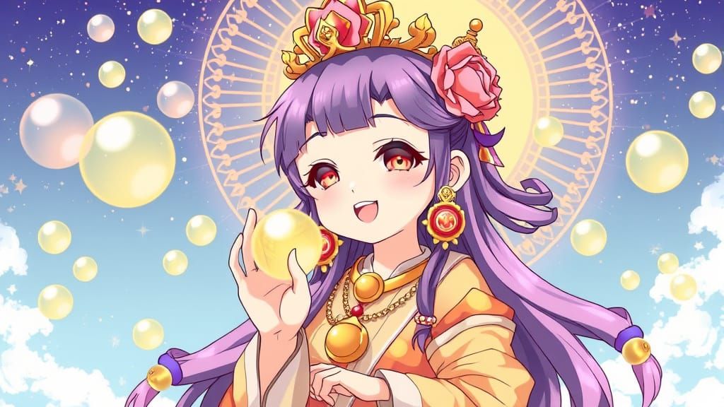 Anime Style Guanyin Bodhisattva Girl with Golden Bubbles