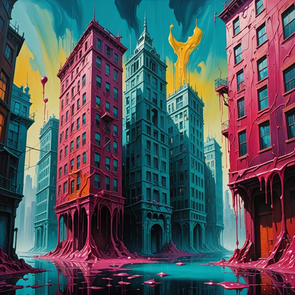 City Skyscrapers Melt in Vibrant Oil Painting