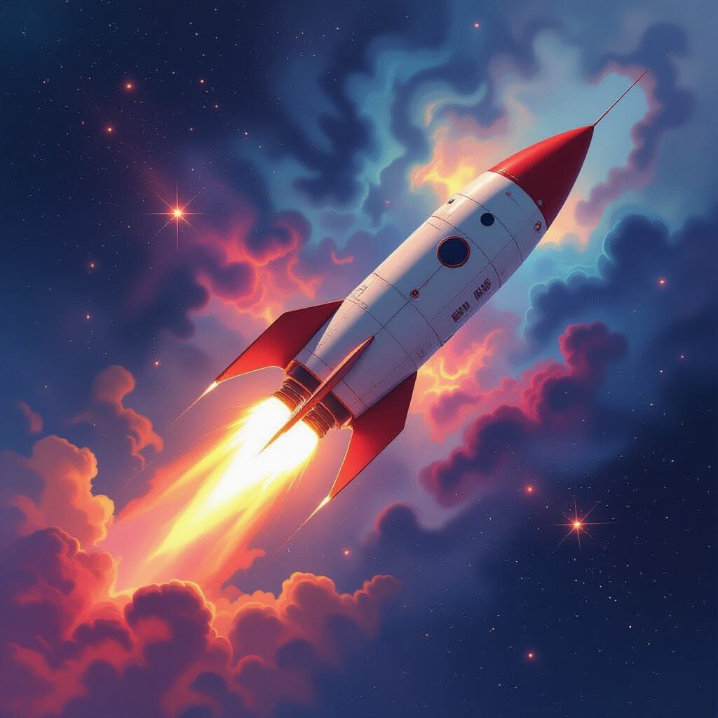 Starship Soaring Through Gouache Galaxy in Matte Style