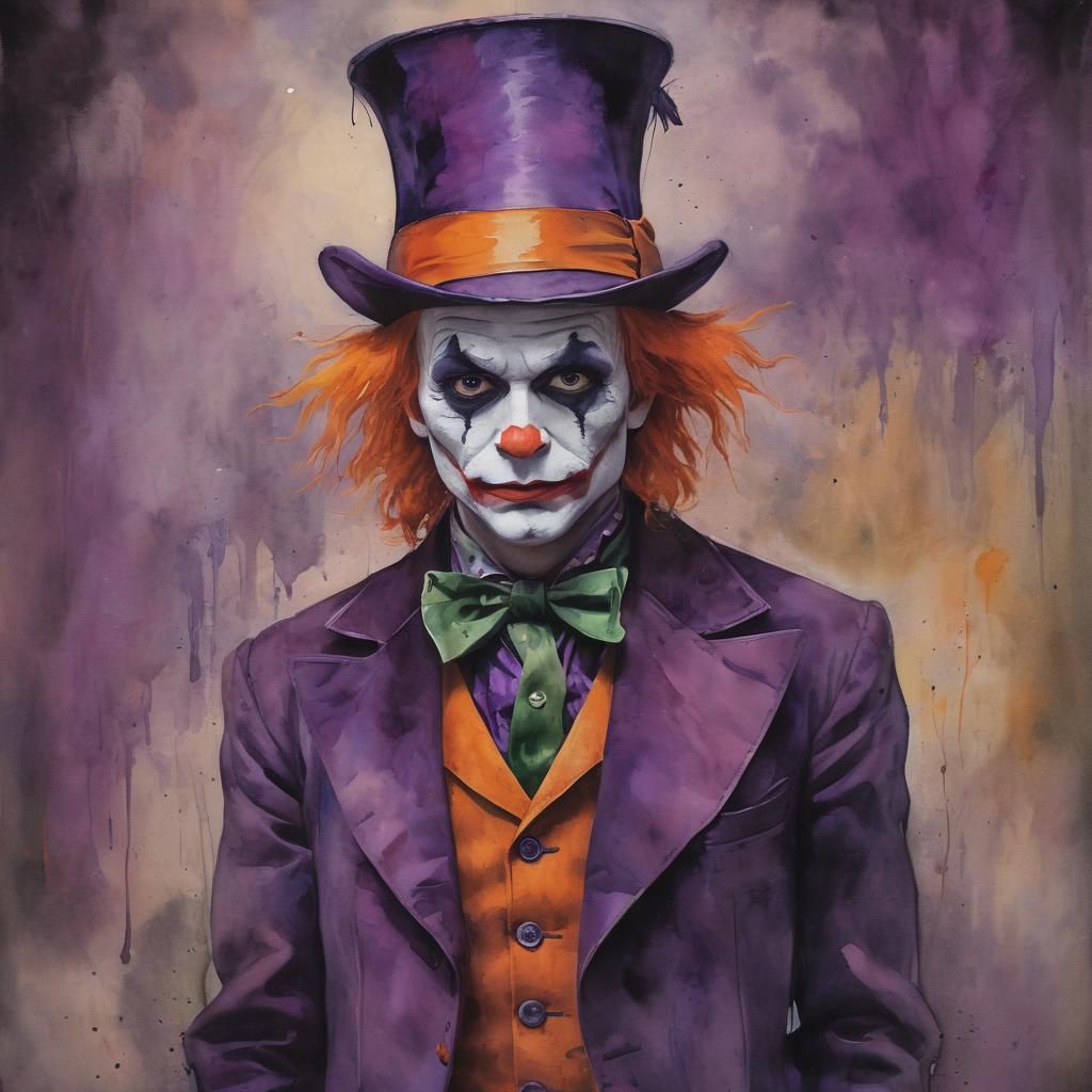 Mad Hatter's Dark Whimsy in Muted Post-impressionist Waterco...