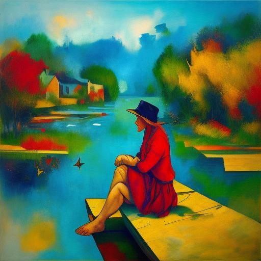 Girl on Dock: Expressionist Impasto Oil Painting
