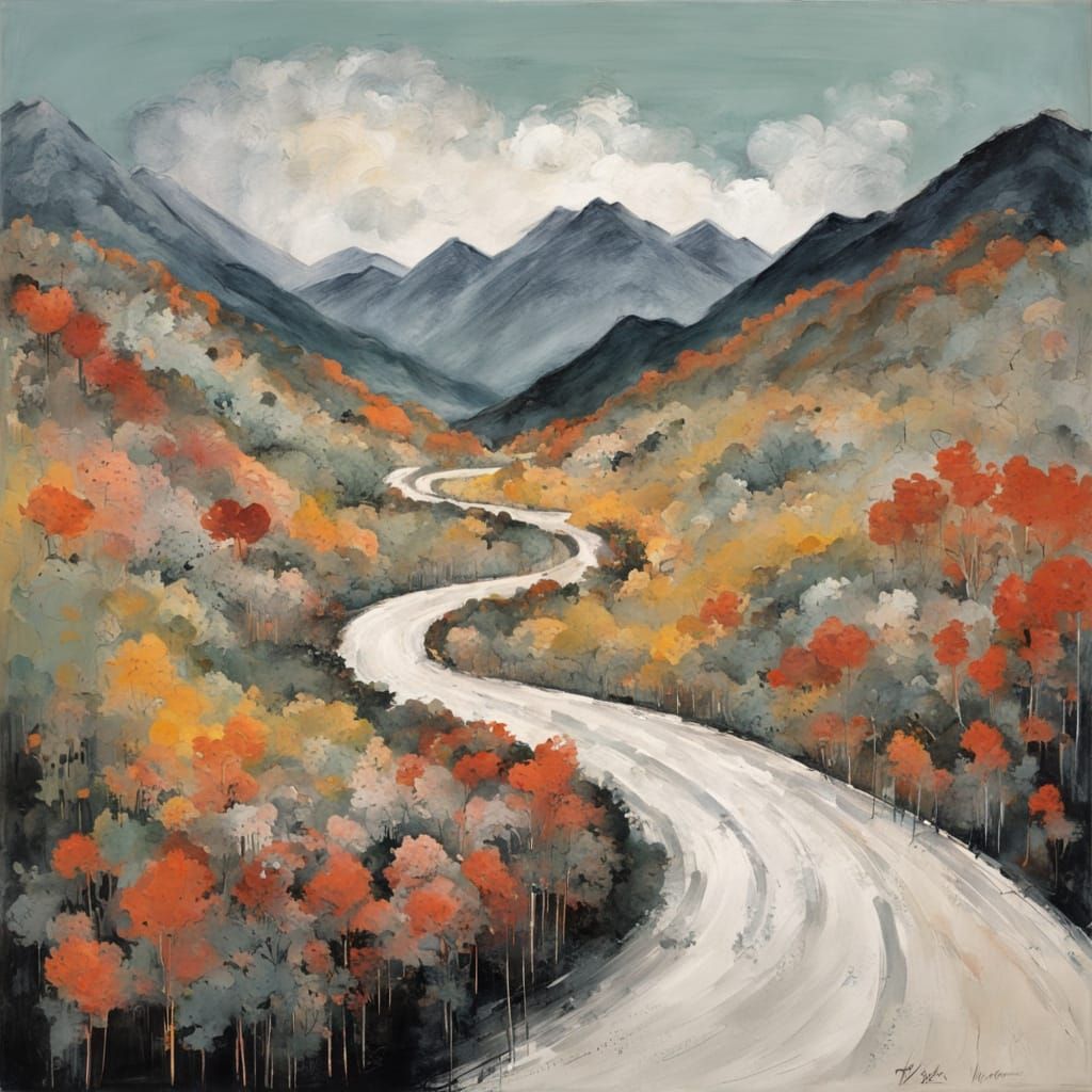 Mountain Road Winding Through Autumn Landscape in Cy Twombly...