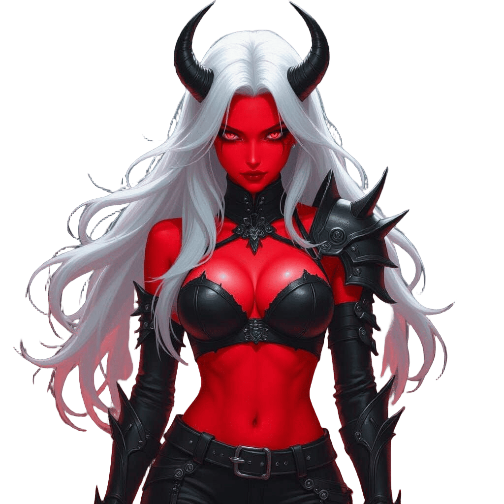 Red Demon Woman with Bra-Armor and Black Horns