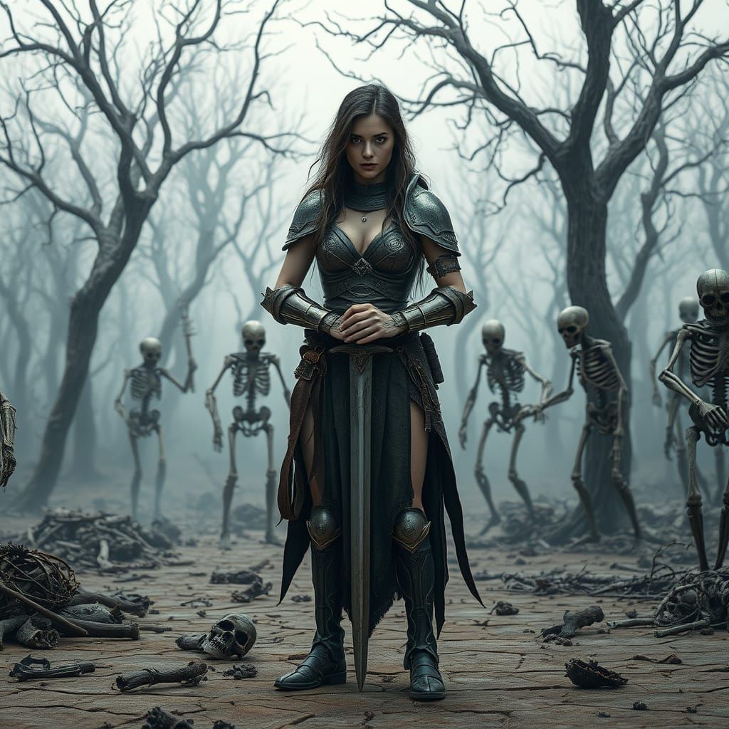 Fantasy Warrior Woman in Dead Forest Confronts Skeletons