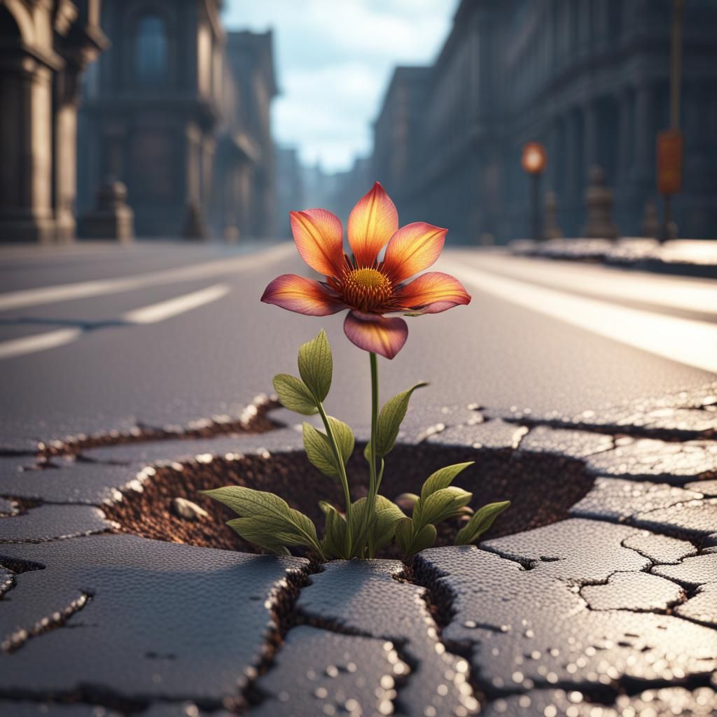 Flower Pushing Through Pavement: Detailed Matte Painting