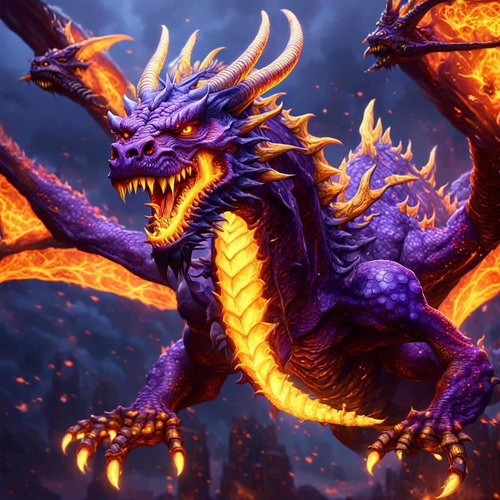 Three-Headed Fire Dragon in Dark Fantasy Style