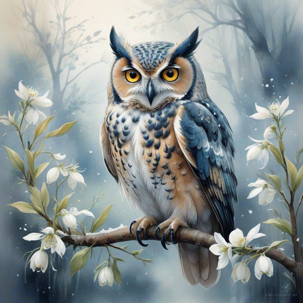 Snowy Owl Perched Among Snowdrops as Watercolor