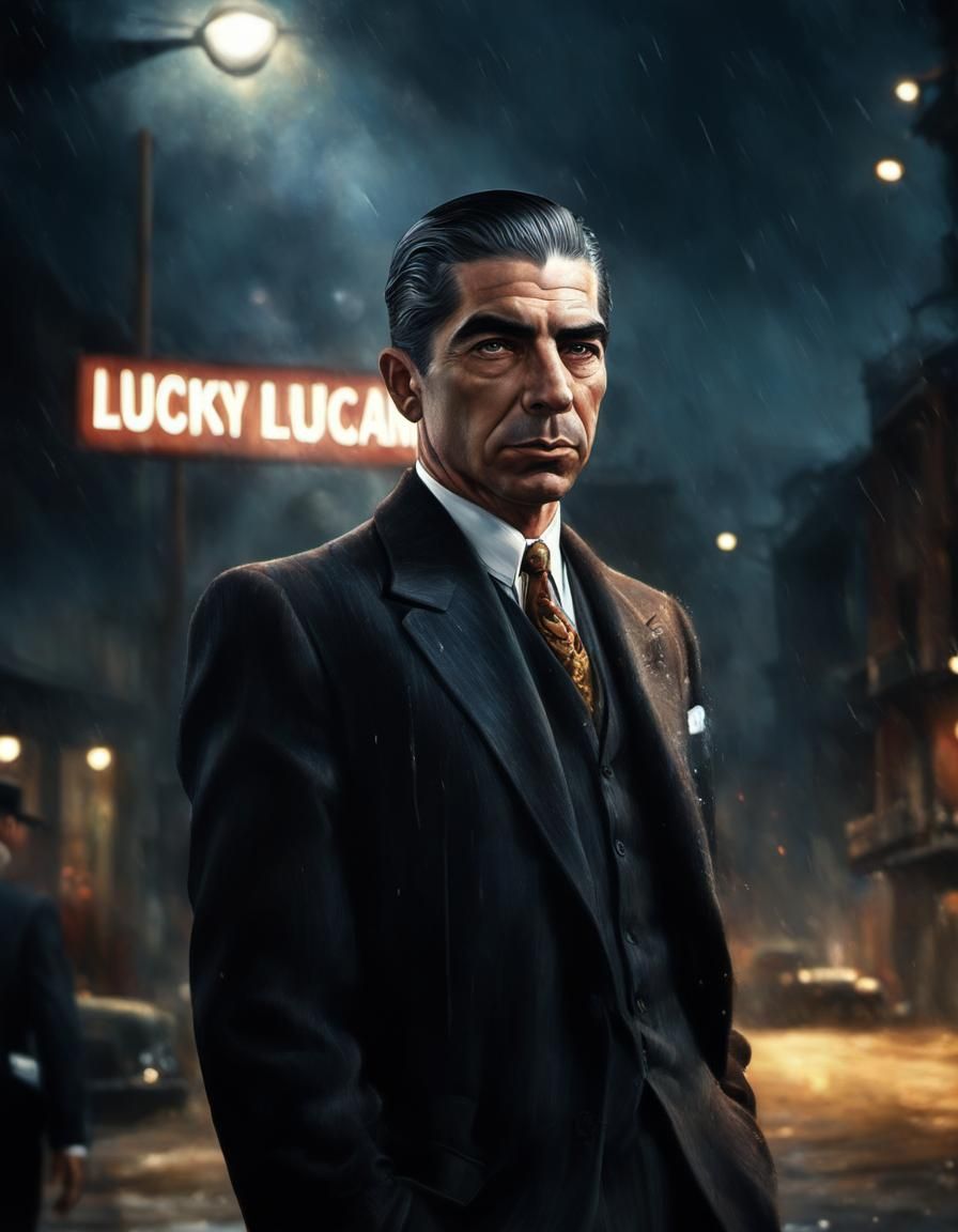 Hyperrealistic Portrait of Lucky Luciano in Splash Art