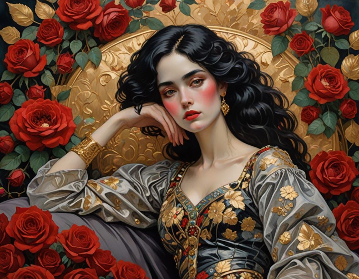 Gustav Klimt-Inspired Woman in Velvet Opulence