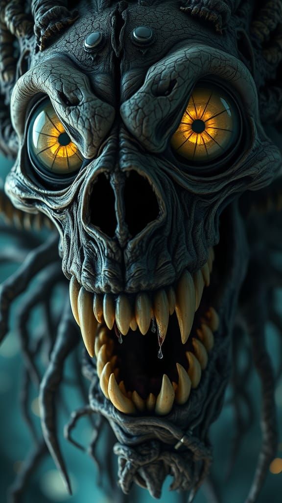 Hyperrealistic Nightmare Creature in Ancient Stone and Sinew...