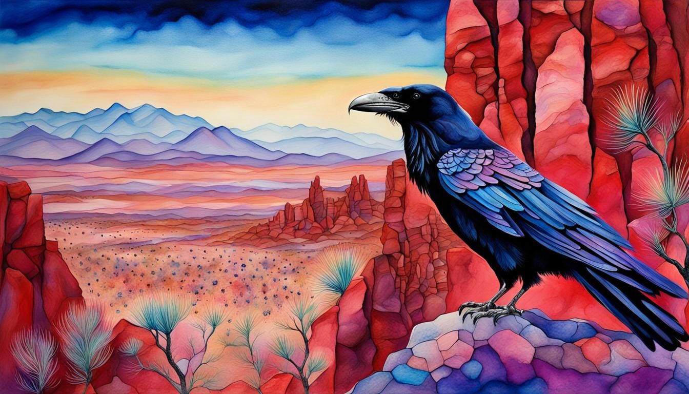 Raven Soars Above Red Rock Desert with Asian Details