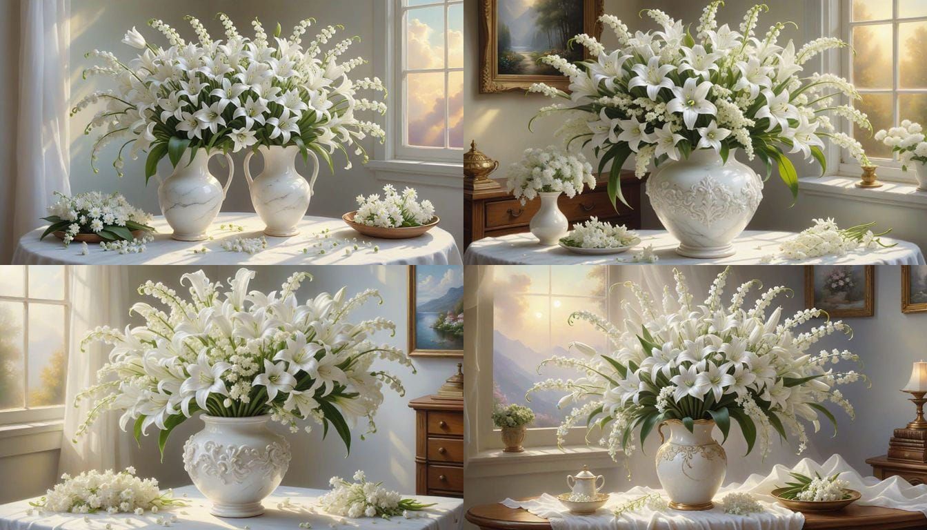 White Floral Arrangement in Marble Vase with Ethereal Light