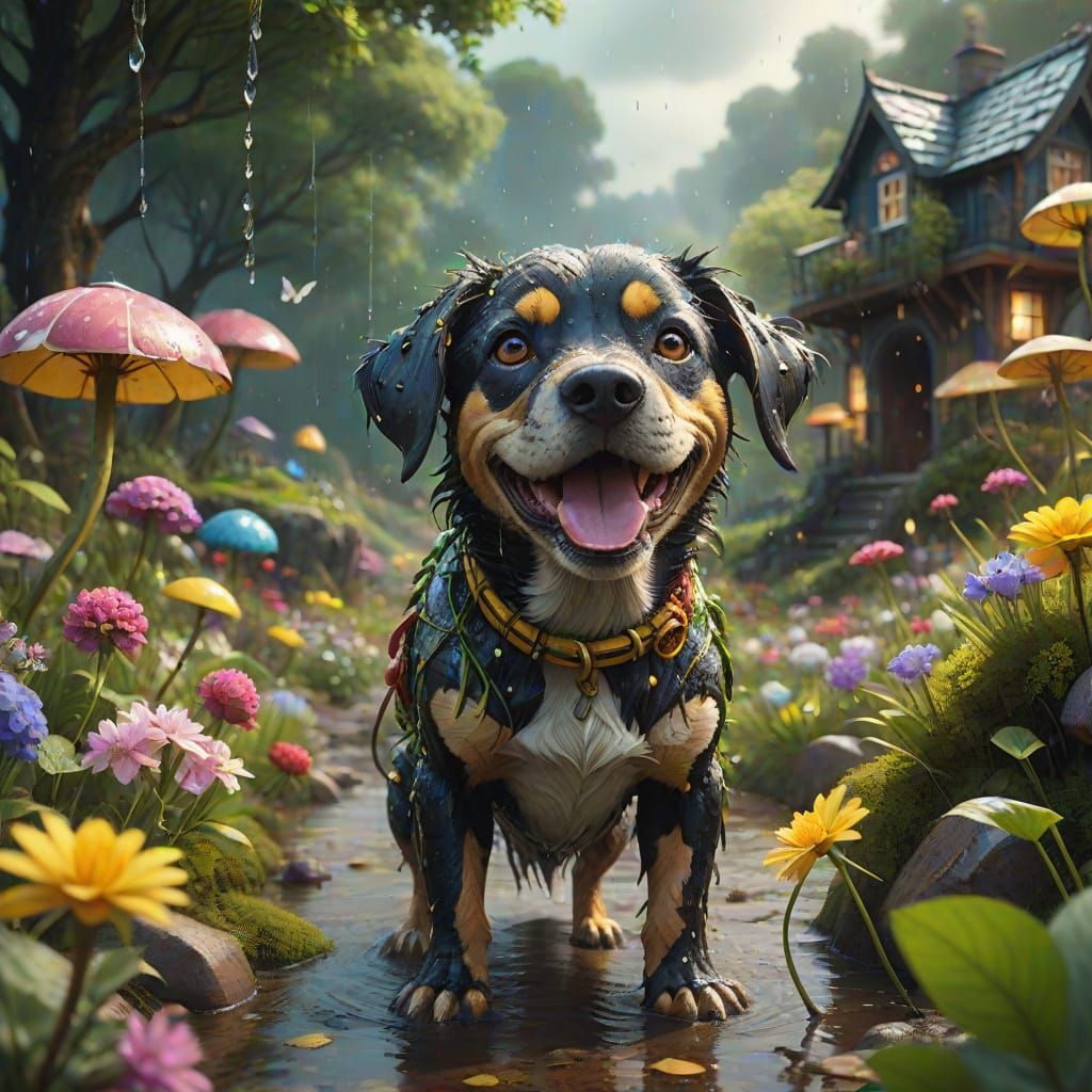 Dramatic Dog in a Whimsical Flower Field