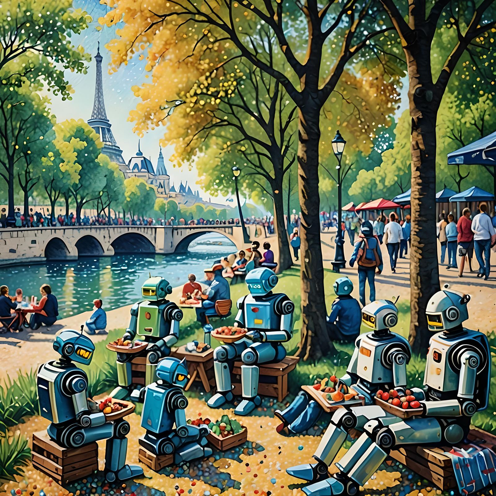 Robots Picnic in Paris: A Pointillism Painting