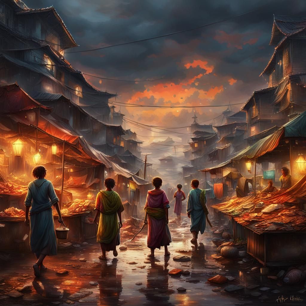 Sunset Market Scene: Detailed Matte Painting