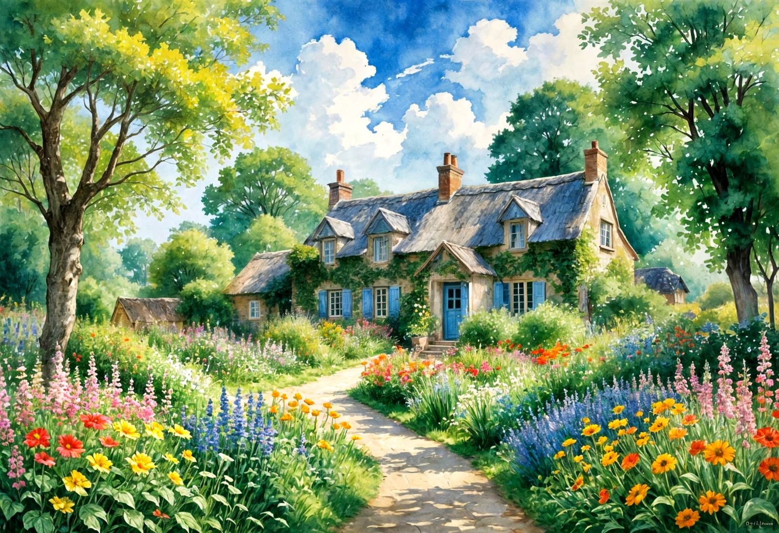 Surreal Watercolour Cottage Scene in Vibrant Wildflower Gard...