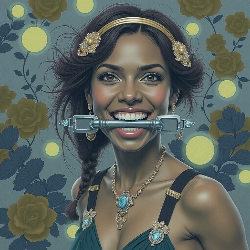 Serene Woman with Horse Bit Gag in Mystical Realm