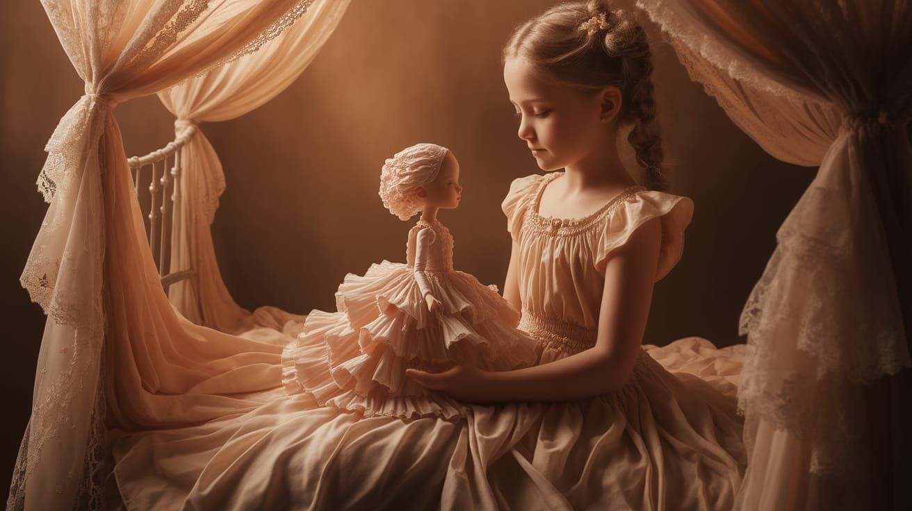 Ethereal Girl with Fabric Doll in Canopy Bed