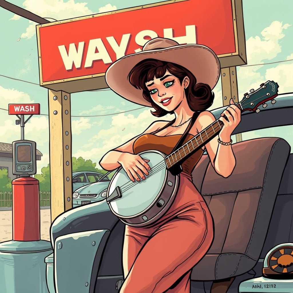 A Pregnant Cartoon Woman Plucks a Banjo at a Car Wash in Smo...