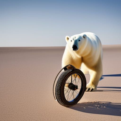Polar Bear Unicyclist in Desert, Salvador Dali Style