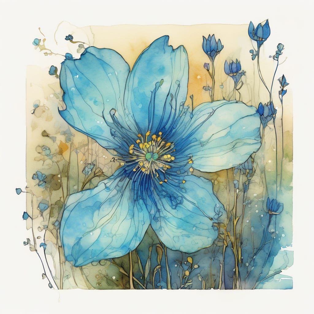 Blue Wildflower Close-Up: Liquid Ink Watercolor