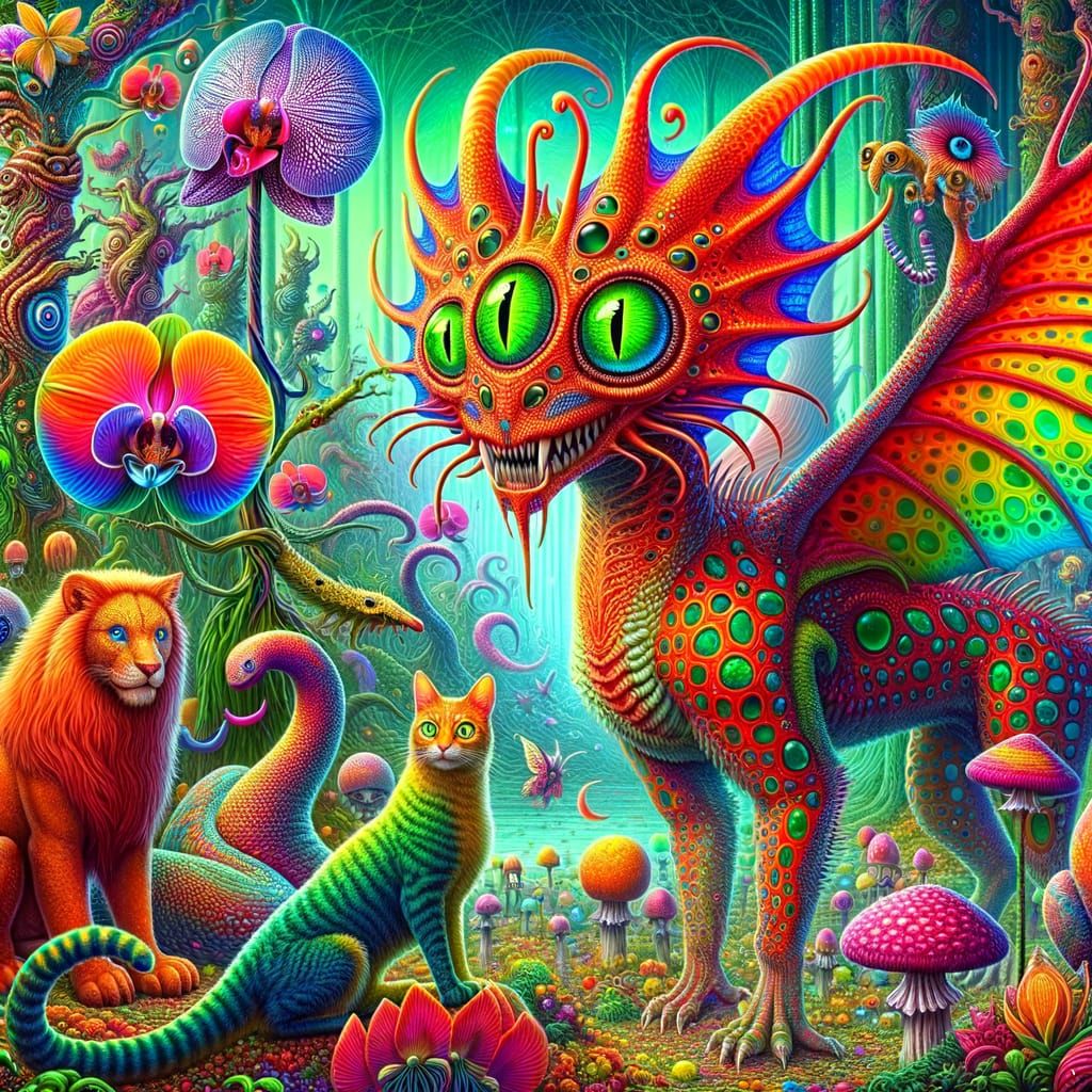 Eerie Alien Rave with Hybrid Dragon-Spider-Wizard Creature