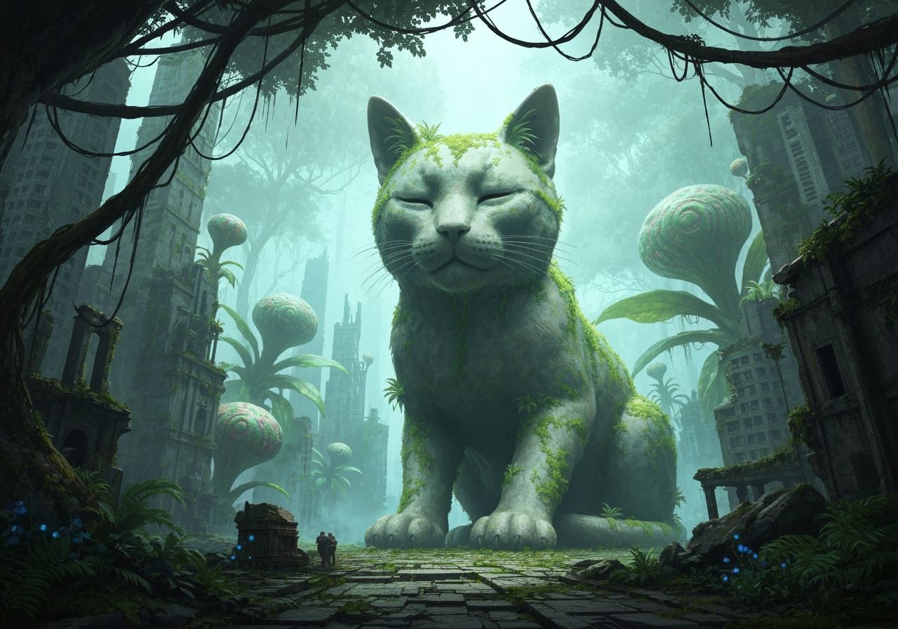 Surreal Jungle City with Colossal Cat Statue